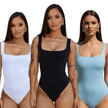 SET OF 3 SQUARE NECKLINE LINING SUPLEX BODYSUITS (TANK STYLE) - BLACK WHITE aND BABY BLUE - View 2