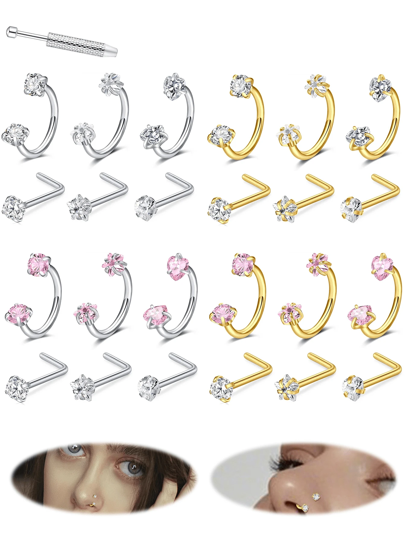 18g 20g Bạc Vàng Nhẫn mũi hình móng ngựa Bộ đinh tán mũi bằng thép không gỉ Nhẫn mũi nửa vòng Nhẫn mũi đá quý đôi Nhẫn vách ngăn hình móng ngựa pha lê Sụn Daith Helix Bông tai vành khuyên Vòng môi Trang sức xỏ khuyên mũi Nhẫn mũi có ren trong Trang sức mũi hình ngôi sao Trái tim Màu hồng