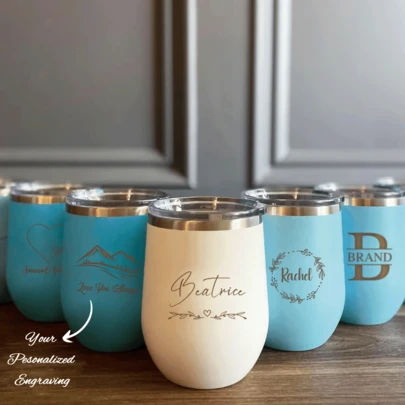 Custom Laser Engraved 12 Oz Wine Tumbler, Stainless Steel Wine Tumbler Vacuum Insulated Stemless Cup, Custom Logo Bridesmaid Gift, Custom Wine Tumbler, Custom Wine Glass Custom Wedding Gift, Birthday Gift, Bridesmaid Gift, Mothers Day Gift, Fathers Day Gift, Christmas Gift Custom Name Tumbler, Custom Logo Tumbler, Insulated Tumbler, Bachelorette Gift, Bachelor Party Gift,Chic Design