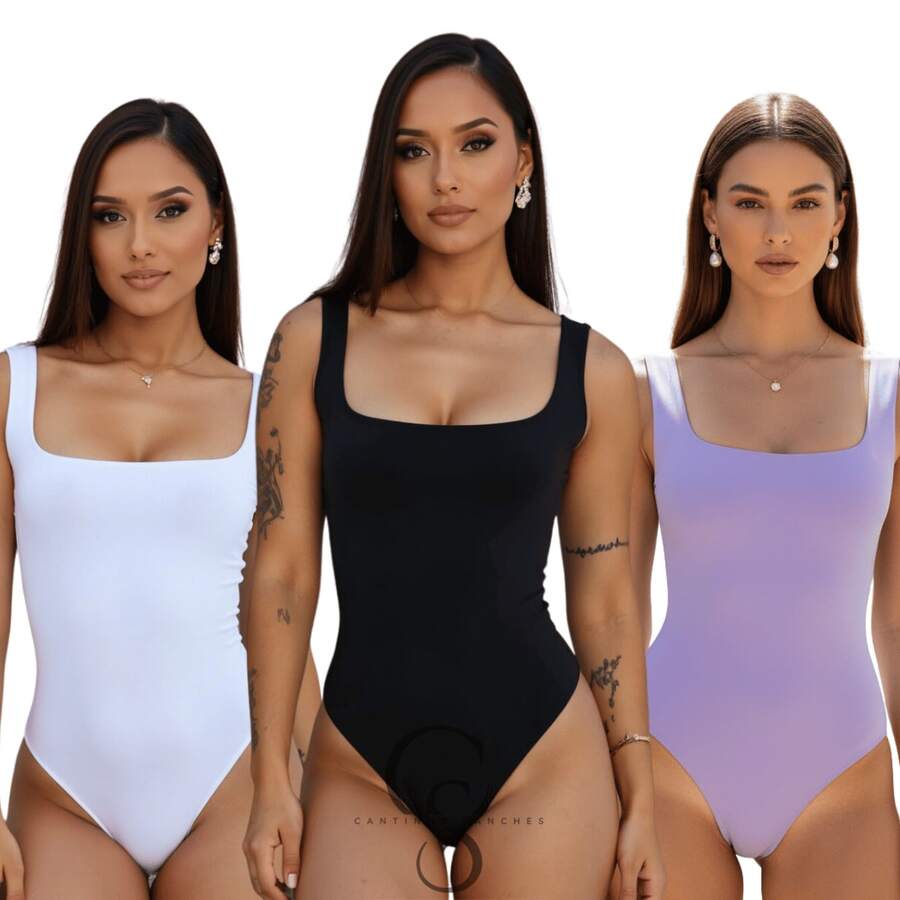 SET OF 3 SQUARE NECKLINE LINING SUPLEX BODYSUITS (TANK STYLE) - 黑白紫色 - 查看 1