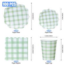 100pcs Grass Green Checkered Petal Shaped Paper Plates & Napkins Party Supplies, 7/9 Inch Disposable Grass Green & White Checkered Plates, Wedge Checkered Plates, Paper Cups, Napkins, Suitable For Birthday Dinner, Picnic, BBQ Party - Multicolor - View 2