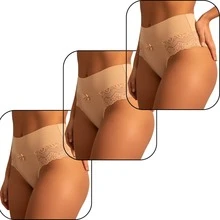 Elegant High-Waisted Panties With Delicate Floral Lace | Comfortable For Everyday Wear, Solid Color, Elastic - Màu be - Xem 10