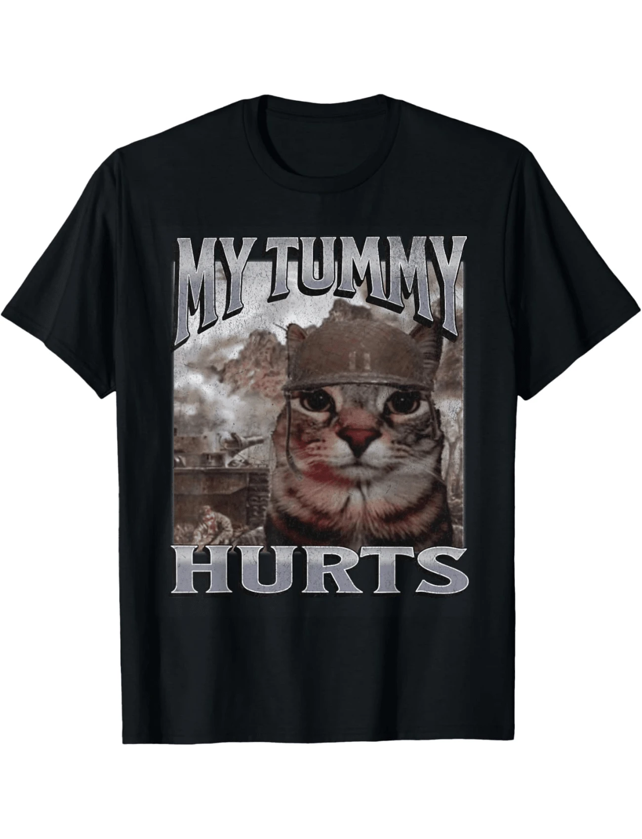 My Tummy Hurts Funny Cat Meme Bootleg Graphic  Graphic Print Tee,Unisex Cotton Casual T-Shirt - 黑色 - 查看 1