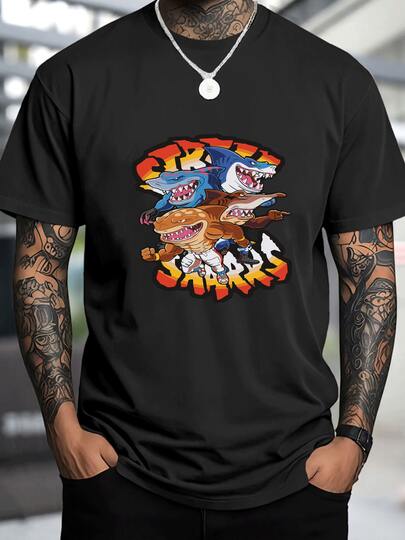 Camiseta de hombre con diseño de tres tiburones musculosos,estilo cómic.220g.Algodón suave y corte moderno,ideal para un look casual y original.