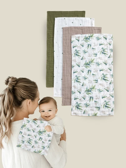 4pcs Oeko-Tex Certified Soft & Comfortable Polka Dot & Leaf Pattern Bibs/Burp Cloths, Suitable For All Seasons, Newborn & Baby Care
