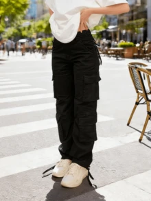 Cargo Pants For Women Casual High Waisted Solid Color Pants Baggy Y2k Straight Wide Leg Pants With Pockets Streetwear Sweatpants - 黑色 - 查看 1