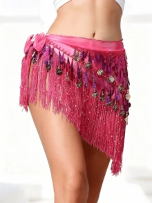 女士肚皮舞流苏臀巾带亮片和硬币装饰臀腰链适合舞蹈表演狂欢节对练舞配饰 - 彩色 - 查看 4