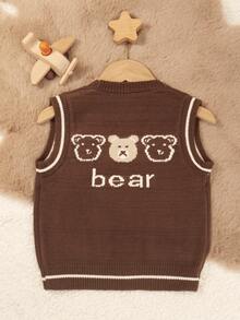 1 buah Rompi Rajut Cokelat untuk Anak Laki-laki, Sweater Kardigan Anak Laki-laki, Rompi Sweater Motif Beruang Bayi, Cocok untuk Musim Gugur - Coffee Brown - View 2
