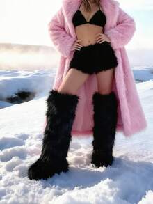 Over-The-Knee Fur Furry Fluffy Long Boots For Women Y2K Shoes Flat Boots Comfy Pull On Fur Boots Women For Party Shoes - màu đen - Xem 1