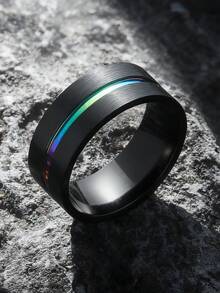 1pc Fashion Black Titanium Steel Rainbow Striped Decorative Ring Suitable For Men's Daily Wear - Multicolor - View 8