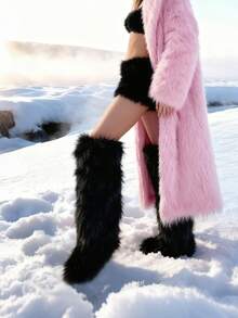 Over-The-Knee Fur Furry Fluffy Long Boots For Women Y2K Shoes Flat Boots Comfy Pull On Fur Boots Women For Party Shoes - màu đen - Xem 2