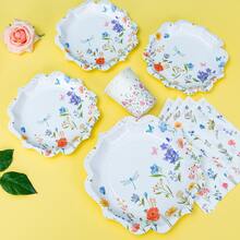 25件套白色花瓣造型一次性纸盘、餐巾纸和纸杯套装，适合25位客人，一次性纸盘派对用品，适用于生日派对、家庭野餐等场合。 - 彩色 - 查看 4