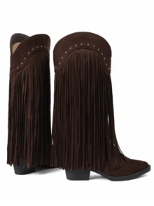 Cowgirl Outfits For Women Country Concert Combat Boots For Women Brown Tassel Decoration Pointed Thick Heels Boots Retro Western Style Festival Shoes Outdoor Comfortable Women's Cowboy Boots Summer Boots - màu nâu - Xem 10
