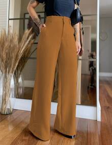 MODA MO, REF: 4714 | Women's Wide-Leg Trousers, High Waist, Functional Side Pockets, Romantic Fabric With Lycra Cotton Polyester Elastane, Stylish Bell Bottom, Monsca Zipper, Hip-Lifting Design, Super Comfortable Fit, Elegant And Versatile Dress Piece For Everyday Wear. - 棕色 - 查看 1