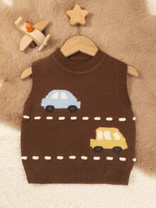 1pc Baby Boy Sweater/Baby Girl Vest Pullover, Car Pattern, Cute For Baby Girls, Suitable For Spring & Autumn - Chocolate Brown - View 1