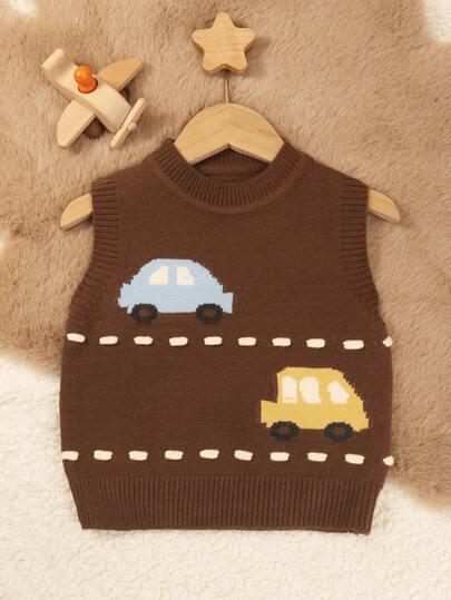 1pc Baby Boy Sweater/Baby Girl Vest Pullover, Car Pattern, Cute For Baby Girls, Suitable For Spring & Autumn