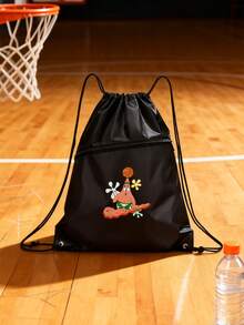 1Pc SpongeBob Basketball Storage Bag - Large Capacity Drawstring Bag, Football Storage Backpack, High-Appearance Black & White Cartoon Bag With Double Zipper Pockets, Suitable For Ball, Miscellaneous & Book Storage - Multicolor - View 4