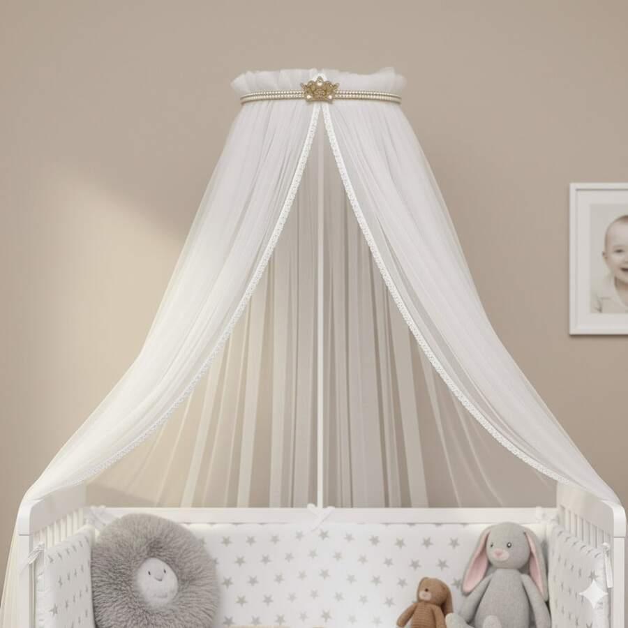 Baby Crib Set With Mosquito Net + Pearl And Crown Canopy (2 Pieces) - 金色 - 查看 1