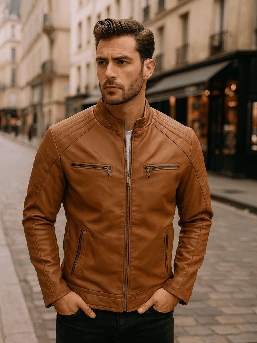 Autumn/Winter Slim Fit Leather Jacket - Mocha Brown - View 1