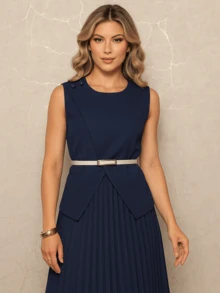 Women's Tailored Suit - Fitted Blouse, Sophisticated Belt, And Long Pleated Skirt - Elegance And Style For Any Occasion - 海軍藍 - 查看 5