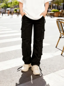 Cargo Pants For Women Casual High Waisted Solid Color Pants Baggy Y2k Straight Wide Leg Pants With Pockets Streetwear Sweatpants - 黑色 - 查看 11