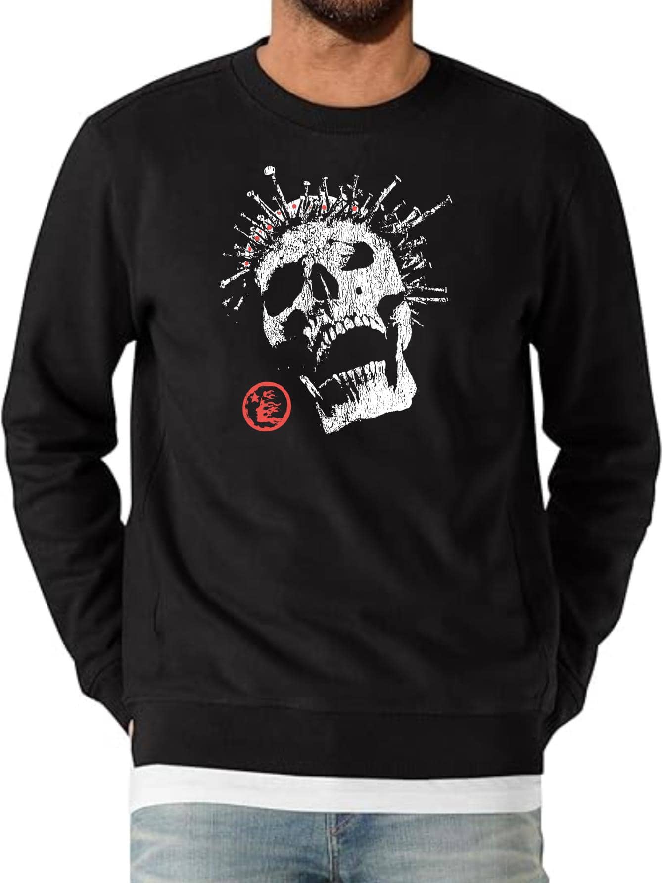 Men's Pullover Sweatshirt Long Sleeve Crewneck Outfit Regular Fit Casual Wear With Bold Skull Print Red And White Design For Streetwear Style - Black - View 1