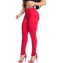 Women's High-Waisted Jeans In Lycra And Elastane, Traditional Colored, Simple, Casual, Zipper, Pocket, Button Closure, For Work, Evening, Vacation, Daily, Summer, Spring. - Red - View 4
