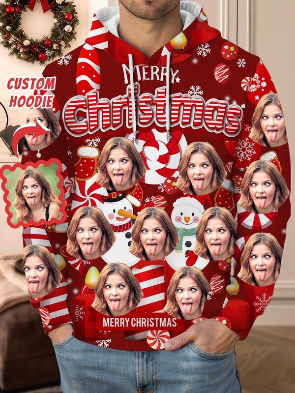 1pc Customizable Men's Hoodie, Men's Christmas Hoodie, Personalized All-Over Print Holiday Pullover With Drawstring, Men's Casual Outdoor Wear, Upload Custom Photo, Personalized Men's Casual Hoodie With Funny Face Design, Autumn/Winter Novelty Winter Pattern Clothing, Gift For Boyfriend, Family, Holiday Gift