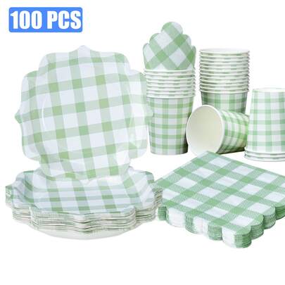 100pcs Grass Green Checkered Petal Shaped Paper Plates & Napkins Party Supplies, 7/9 Inch Disposable Grass Green & White Checkered Plates, Wedge Checkered Plates, Paper Cups, Napkins, Suitable For Birthday Dinner, Picnic, BBQ Party