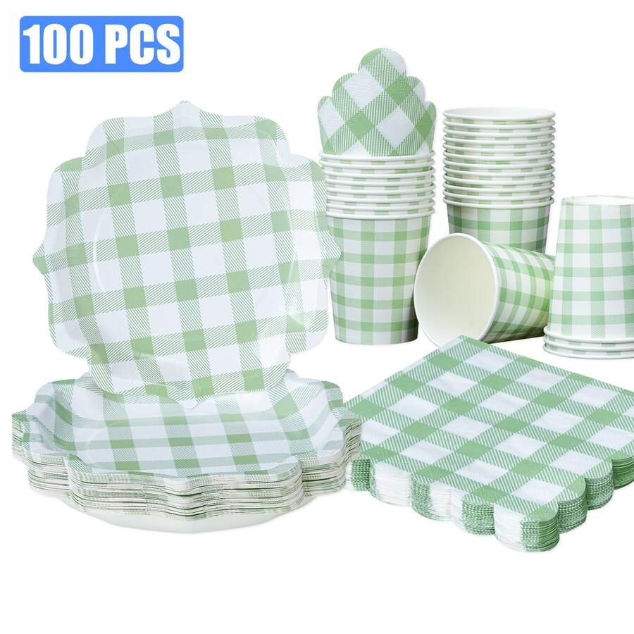 100pcs Grass Green Checkered Petal Shaped Paper Plates & Napkins Party Supplies, 7/9 Inch Disposable Grass Green & White Checkered Plates, Wedge Checkered Plates, Paper Cups, Napkins, Suitable For Birthday Dinner, Picnic, BBQ Party - Multicolor - View 1