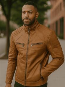 Autumn/Winter Slim Fit Leather Jacket - Mocha Brown - View 4