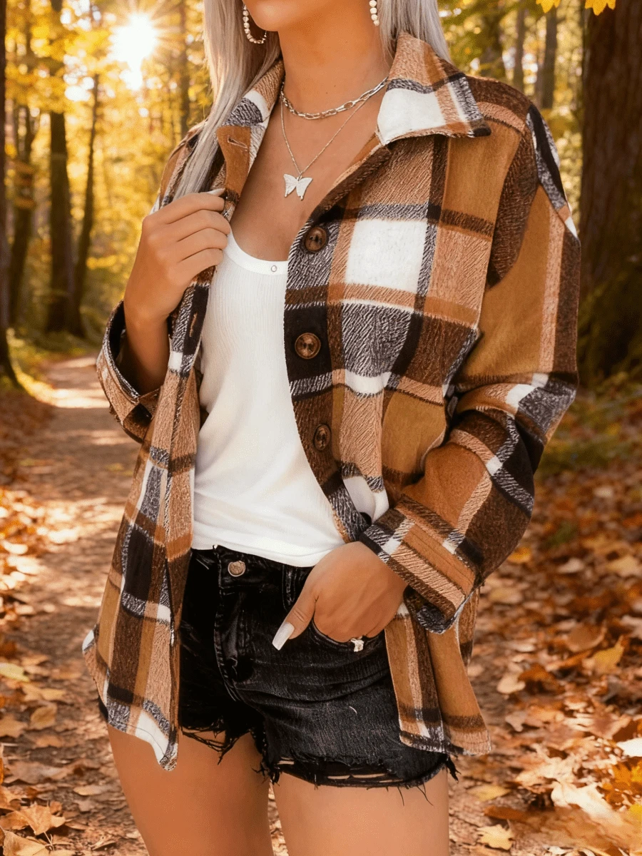 Women Long Sleeve Flannel Plaid Shirts Casual Button Down Shirt Cardigan - Deep Apricot - 查看 1
