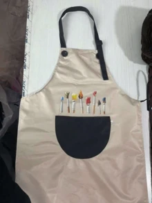 1件卡通画笔图案围裙，艺术绘画涂鸦防污烹饪围裙，适用于厨房 - 彩色 - 查看 10