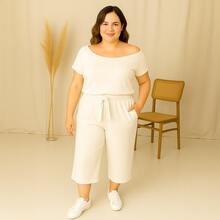 Women's Casual Plus Size Pantacourt Set With Short Sleeves - Màu be - Xem 1