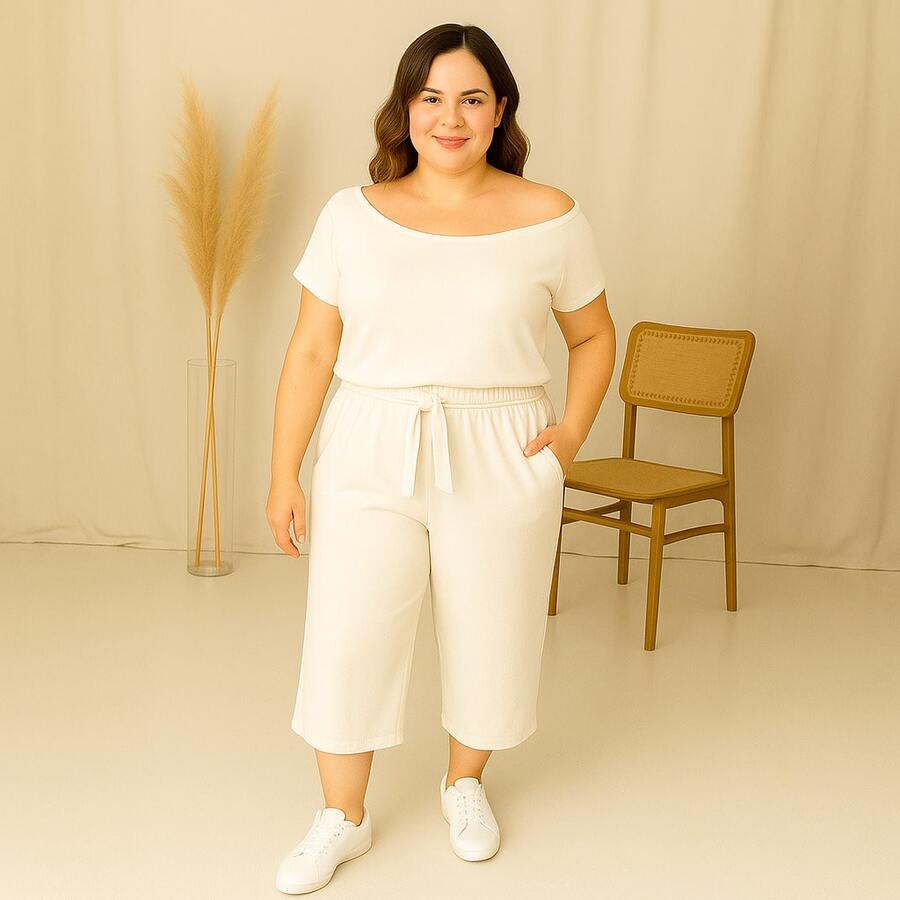 Women's Casual Plus Size Pantacourt Set With Short Sleeves - Màu be - Xem 1