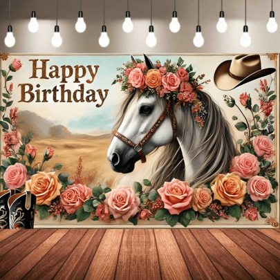 1Pc Birthday Party Banner, Made Of Polyester Material, Western Horse, Floral Background Picture, Suitable For Indoor And Outdoor Decoration, Birthday Decoration, Courtyard Decoration, Office Decoration