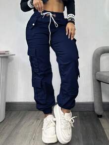 女士Y2K工装裤，休闲宽松版型长裤，百搭街头风，多口袋设计，松紧腰带，适合秋季、外出、工作、机场、返校等场合，春季热销款 - 藏蓝色 - 查看 4