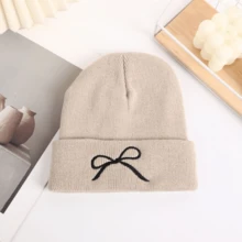 1 Pc Embroidered Bow Beanie Hat, 3D Bowknot Design, Soft Knit Warm Skull Caps For Winter, Unisex, Black & White Set - Multicolor - View 15