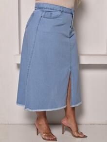 Plus Size Long Skirt With Slit And Pockets - Light Wash - View 5