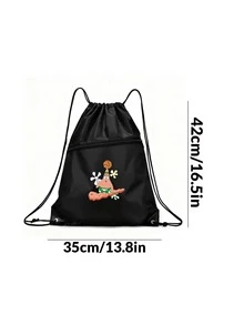 1Pc SpongeBob Basketball Storage Bag - Large Capacity Drawstring Bag, Football Storage Backpack, High-Appearance Black & White Cartoon Bag With Double Zipper Pockets, Suitable For Ball, Miscellaneous & Book Storage - Multicolor - View 7