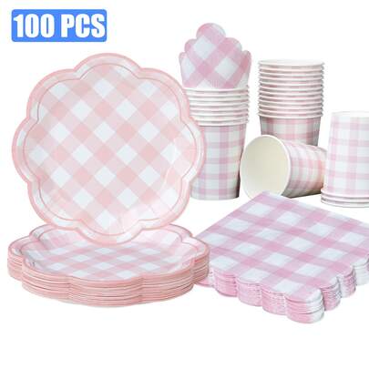 100pcs Light Pink Checkered 8-Petal Shaped Paper Plates & Napkins Party Supplies, 7/9 Inch Disposable Pink & White Checkered Plates, Wedge Checkered Plates, Paper Cups, Napkins, Suitable For Birthday Dinner, Picnic, BBQ Party
