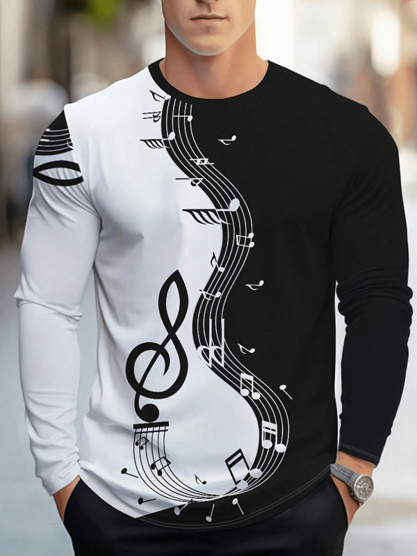 Camiseta de manga larga con cuello redondo y estampado de notas musicales, adecuada para el uso diario y versátil, talla grande para hombres