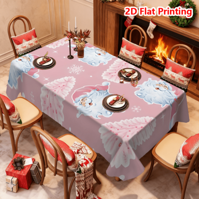 1 szt. Świąteczny motyw Uroczy różowy Święty Mikołaj i choinka Drukowany obrus, dekoracja stołu jadalnego, prostokątny abstrakcyjny obrus na pikniki lub przyjęcia świąteczne, dekoracja pokoju