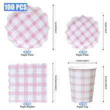 100pcs Light Pink Checkered Petal Shaped Paper Plates & Napkins Party Supplies, 7/9 Inch Disposable Pink & White Checkered Plates, Scalloped Checkered Plates, Paper Cups, Napkins, Suitable For Birthday Dinner, Picnic, BBQ Party - Multicolor - View 2