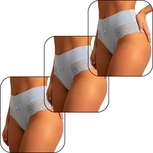Elegant High-Waisted Panties With Delicate Floral Lace | Comfortable For Everyday Wear, Solid Color, Elastic - Celeste - Ver 15