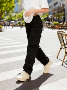 Cargo Pants For Women Casual High Waisted Solid Color Pants Baggy Y2k Straight Wide Leg Pants With Pockets Streetwear Sweatpants - 黑色 - 查看 10