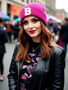 1顶男女通用个性化刺绣A-Z字母弹力针织帽，时尚街头嘻哈针织帽，适合秋冬季日常佩戴 - 玫紅色 - 查看 5