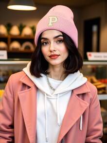 1 pieza Gorro de punto elástico con bordado personalizado de letra A-Z, unisex, gorra de punto de moda streetwear y hip hop, adecuada para uso diario en otoño/invierno - Rosa - Ver 4