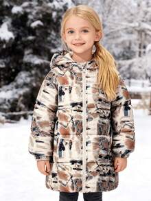 1 pieza Abrigo acolchado con capucha elástica y estampado de grafiti de color block para niña joven, abrigo acolchado de longitud media para niños/niñas, ropa exterior casual con cremallera para niños