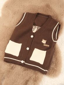 1 buah Rompi Rajut Cokelat untuk Anak Laki-laki, Sweater Kardigan Anak Laki-laki, Rompi Sweater Motif Beruang Bayi, Cocok untuk Musim Gugur - Coffee Brown - View 3